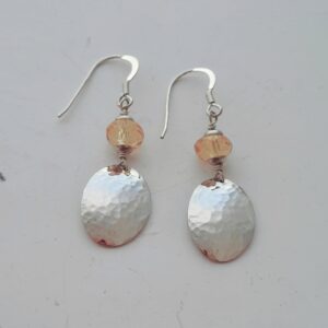 Silver hammered oval earrings with faceted citrine