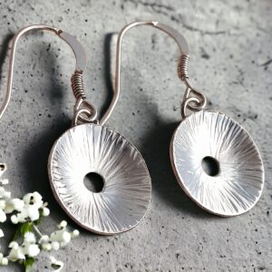 Silver engraved circle drop earrings
