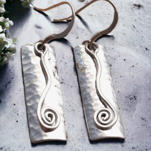 Silver long hammered earrings