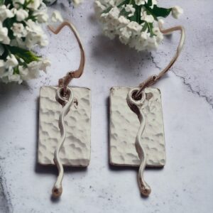 Silver hammered small rectangle and wave earrings