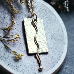 Silver large rectangle and wave necklace