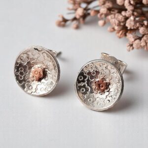 silver and copper buttercup stud earrings
