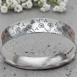 Sterling silver handmade dandelion and bee cuff bangle