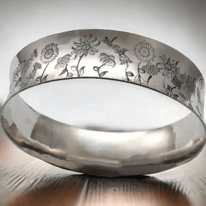 shaped large silver cuff bangle with country garden flowers