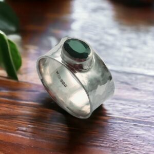 Handmade hammered silver ring with green agate