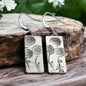 Silver long sunflower earrings