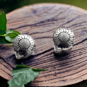 Silver handmade sunflower stud earrings