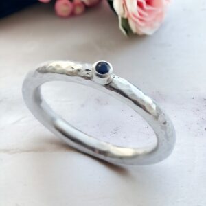 Silver and vintage sapphire heavy hammered ring