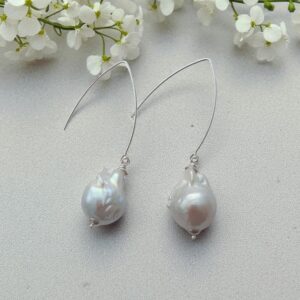 silver and south sea baroque pearl long hook earrings