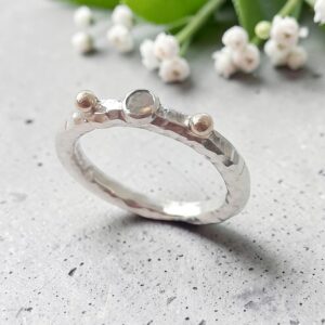 Handmade silver hammered ring with Ethiopian opal and gold