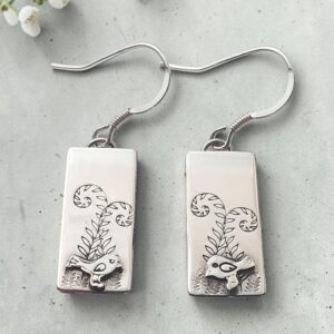 Handmade sterling silver bird and fern rectangle earrings