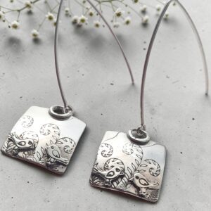 Handmade sterling silver bird and fern square earrings