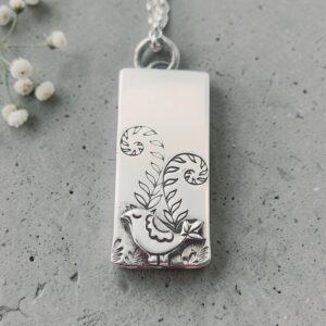 Handmade sterling silver bird and fern rectangle necklace